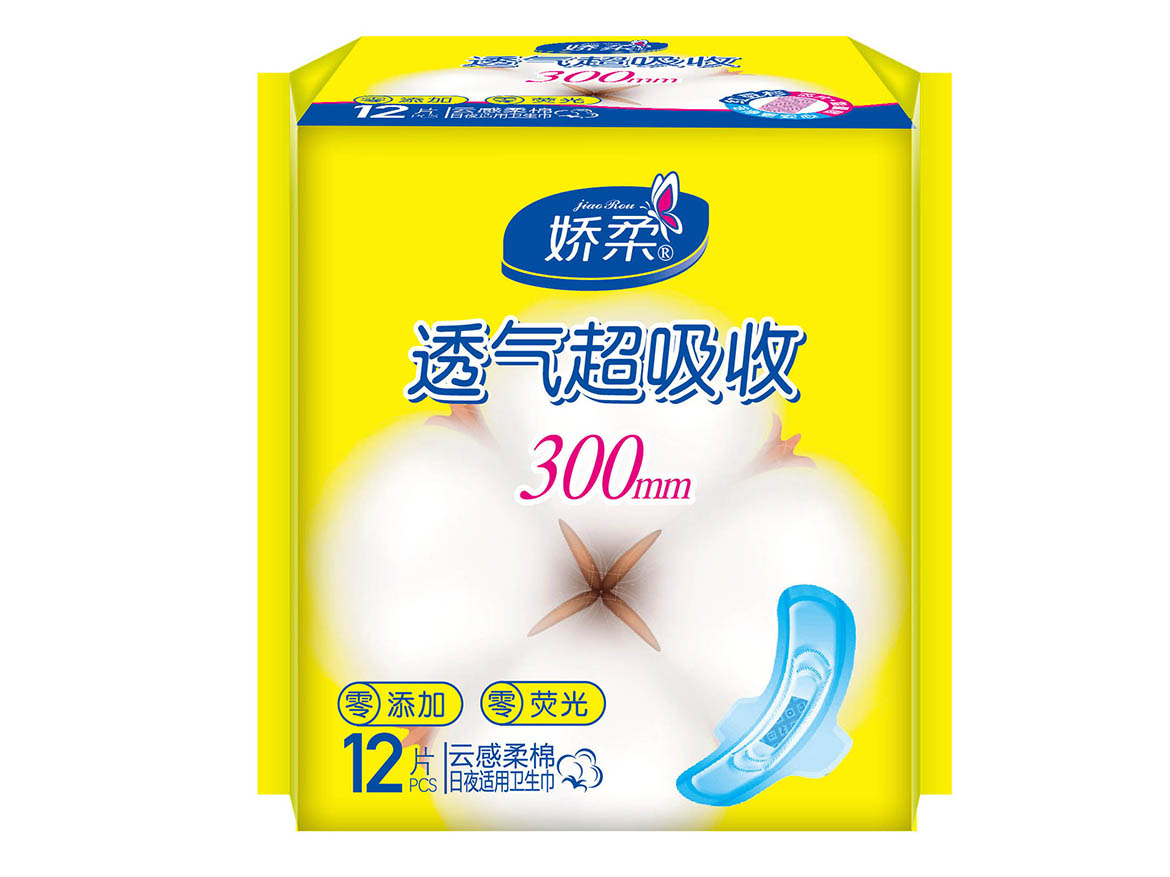 Jiaozhirou 12 pieces of breathable super absorbent 300mm cloud soft cotton sanitary napkin suitable for day and night